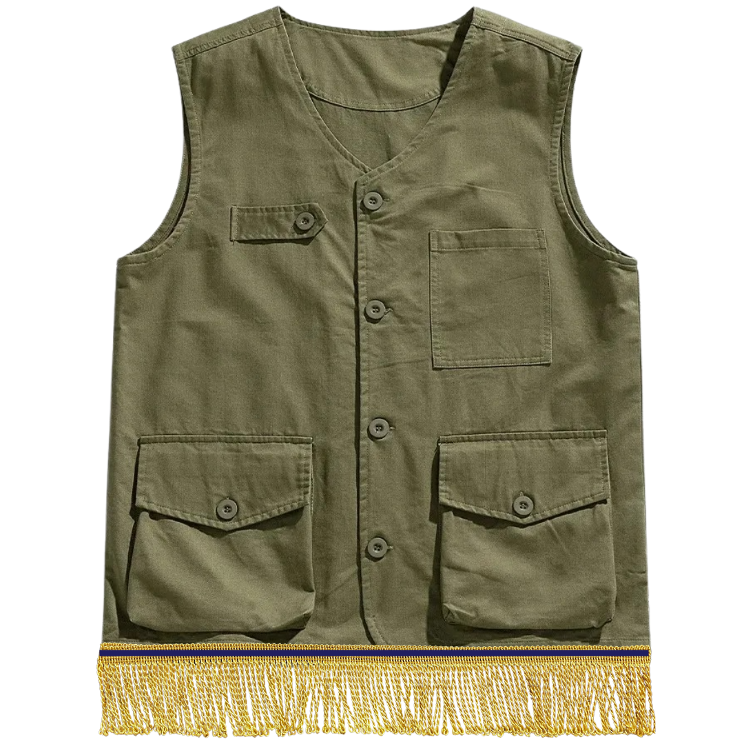 Men's Cotton Utility Pocket Cargo Vest/Gilet with Gold Fringes