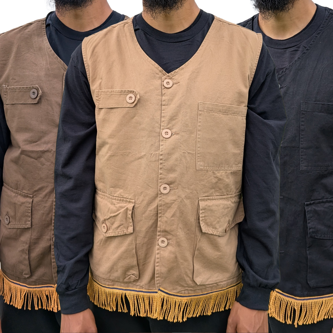Men's Cotton Utility Pocket Cargo Vest/Gilet with Gold Fringes