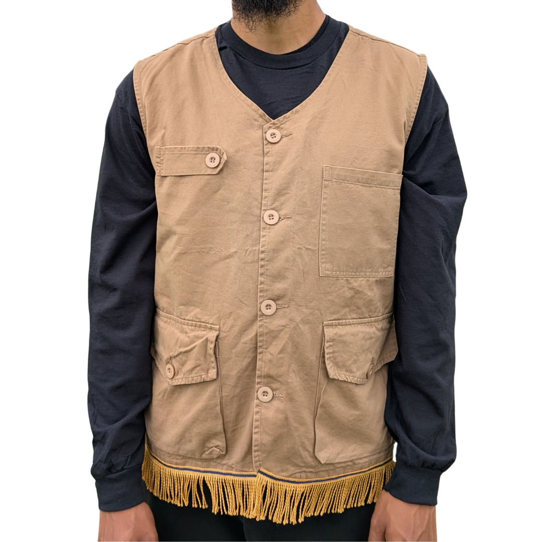 Men's Cotton Utility Pocket Cargo Vest/Gilet with Gold Fringes