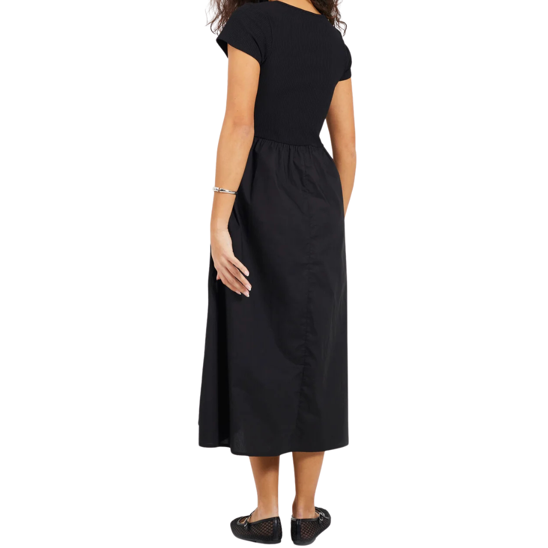 Black Ribbed-Poplin Midi Dress with Fringes