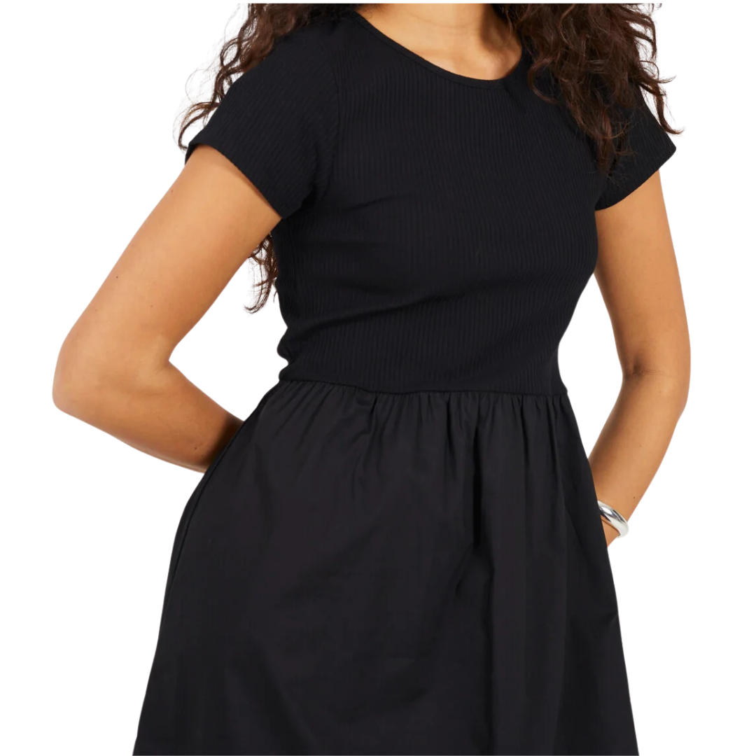 Black Ribbed-Poplin Midi Dress with Fringes