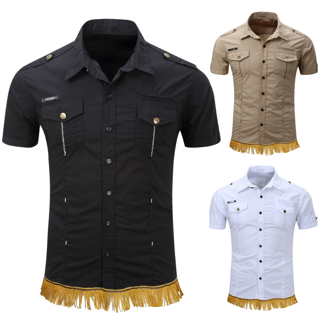 100% Cotton Military Cargo Shirt with Gold Fringes