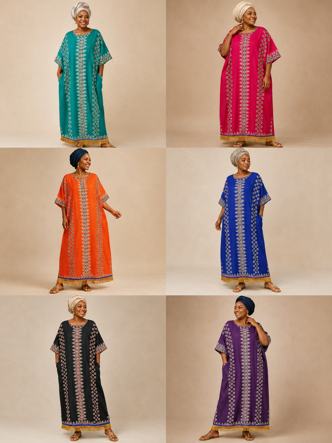 Ethnic Print Kaftan Dress with Fringes (6 Colours)