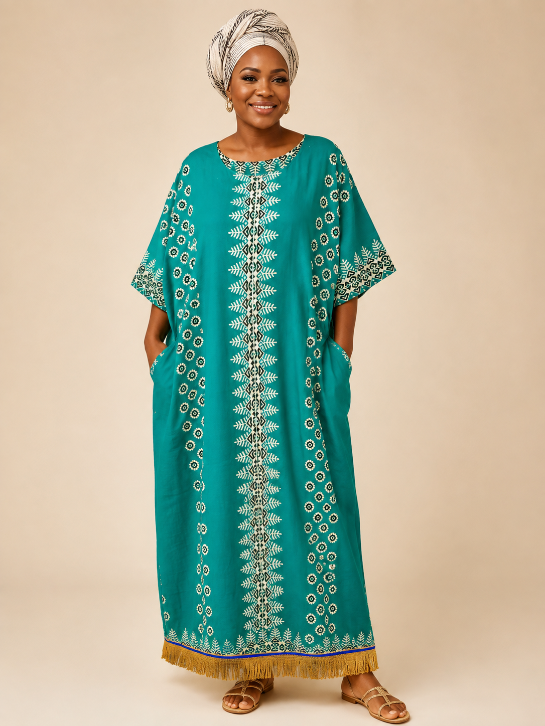 Ethnic Print Kaftan Dress with Fringes (6 Colours)