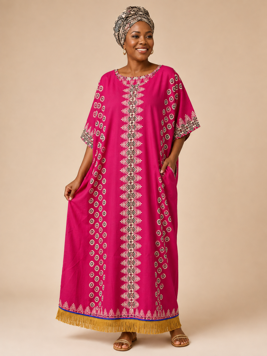 Ethnic Print Kaftan Dress with Fringes (6 Colours)