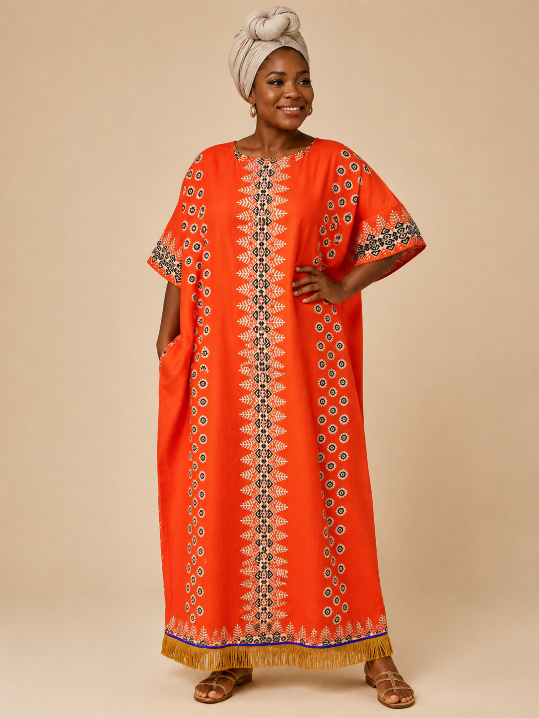 Ethnic Print Kaftan Dress with Fringes (6 Colours)