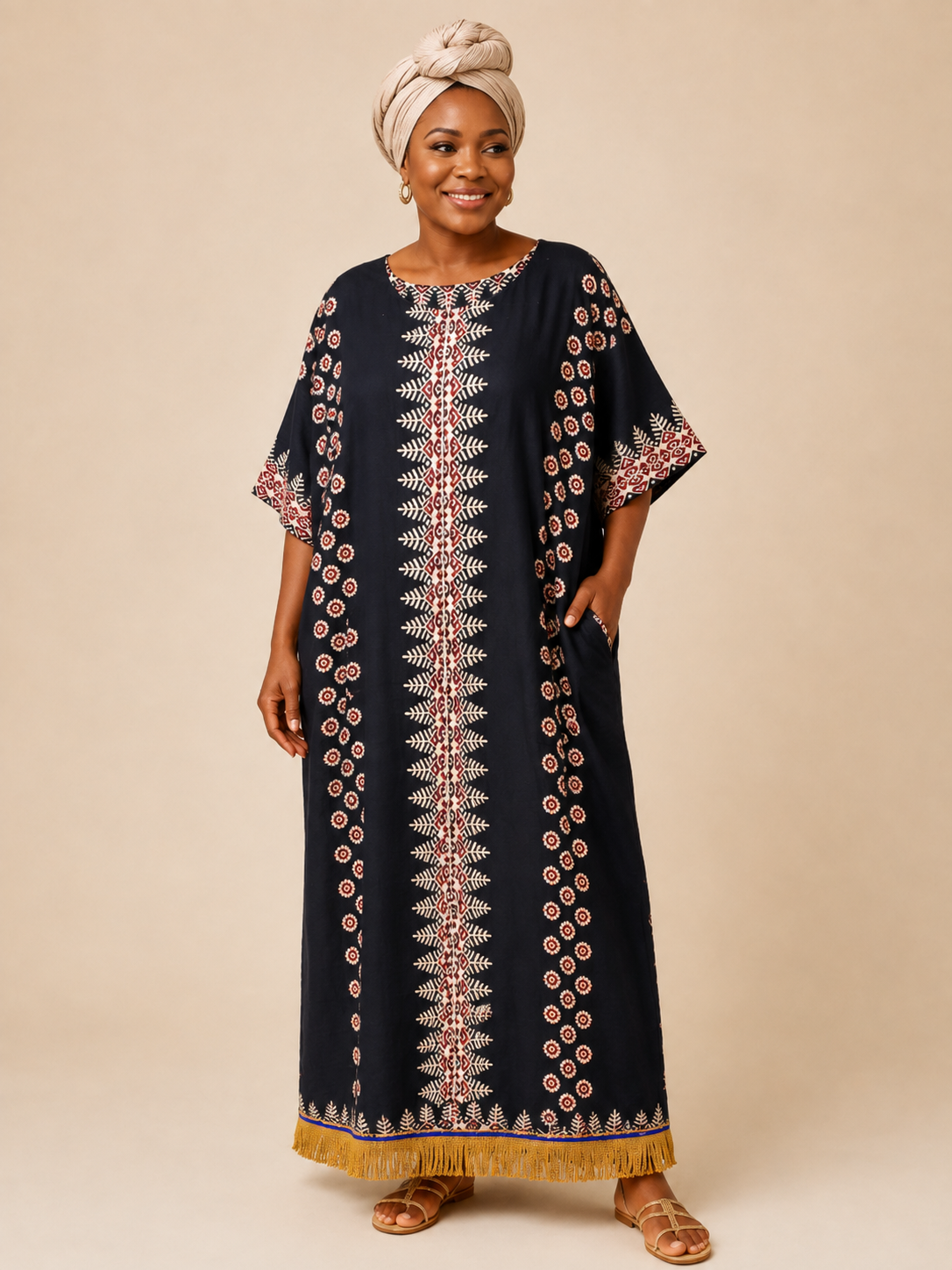 Ethnic Print Kaftan Dress with Fringes (6 Colours)