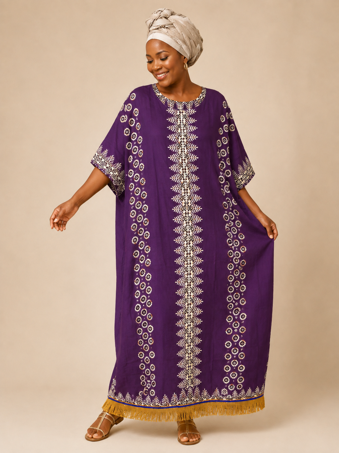 Ethnic Print Kaftan Dress with Fringes (6 Colours)