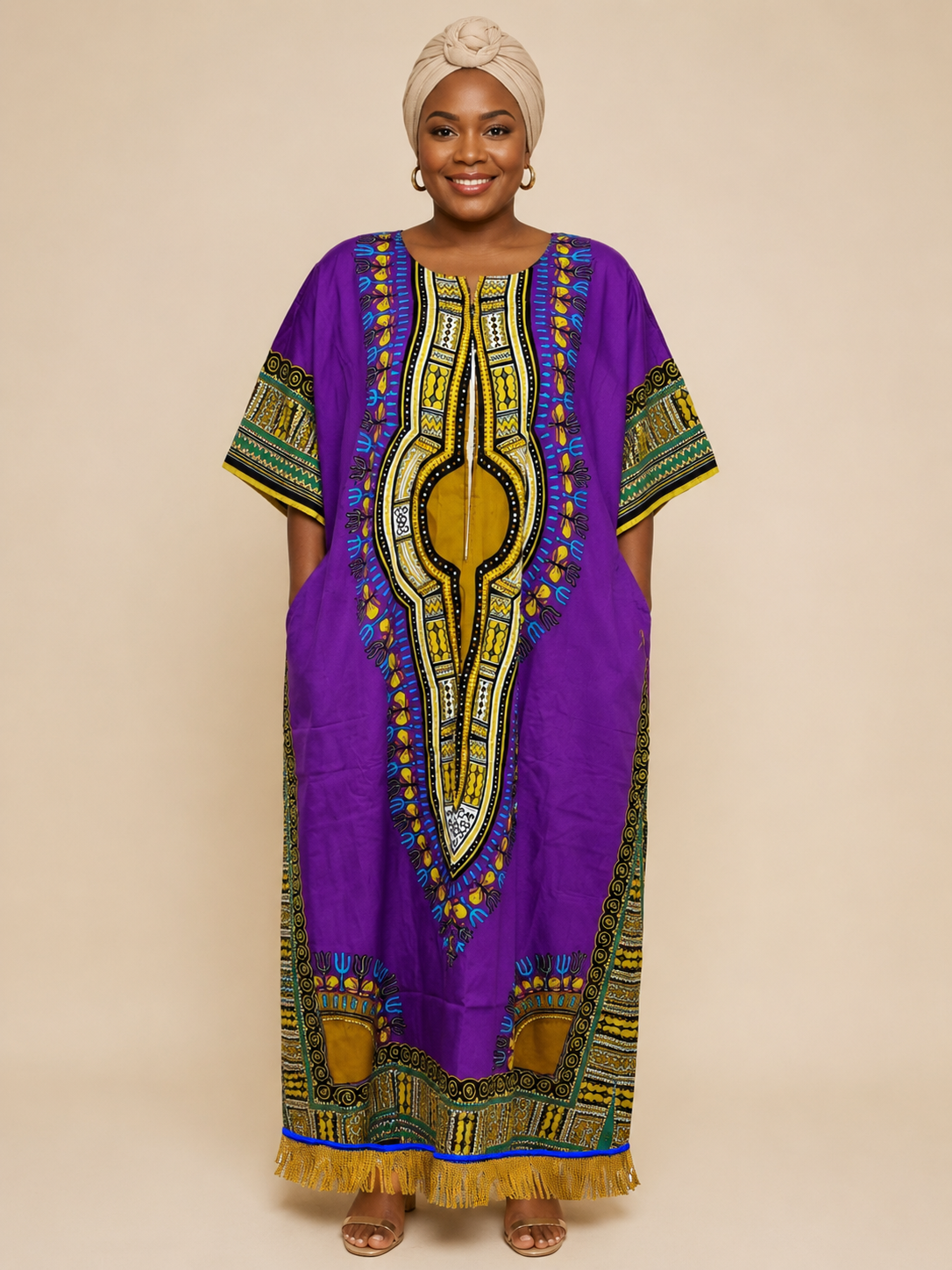 African Print Dashiki Kaftan Dress with Fringes (7 Colours)