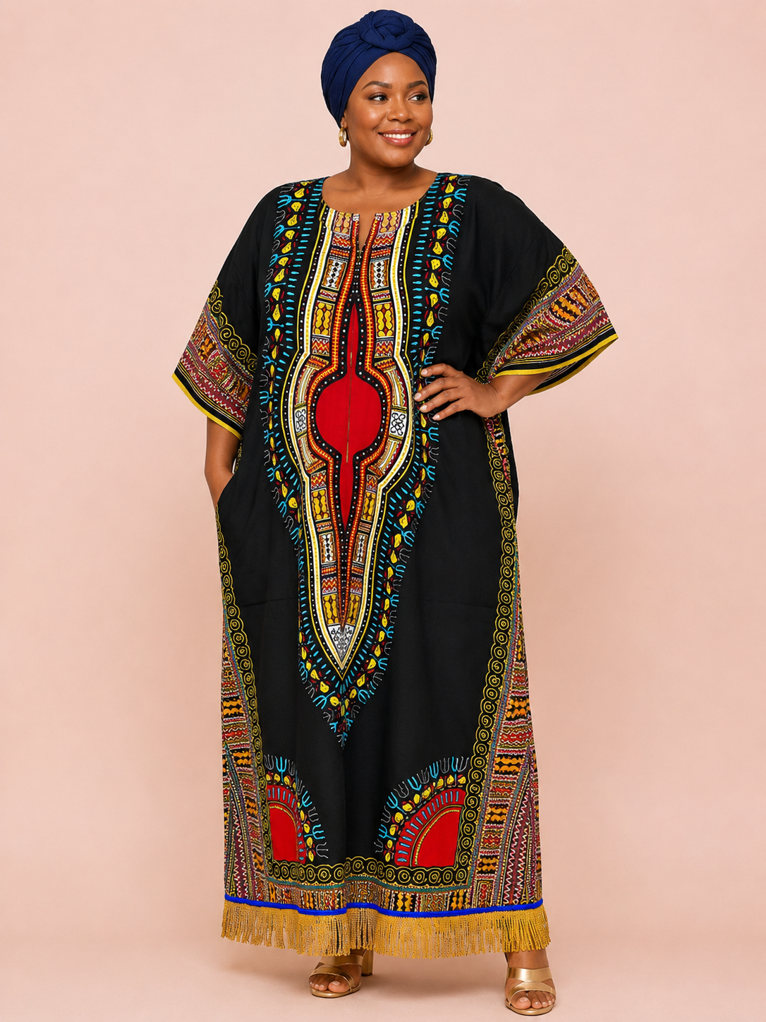 African Print Dashiki Kaftan Dress with Fringes (7 Colours)