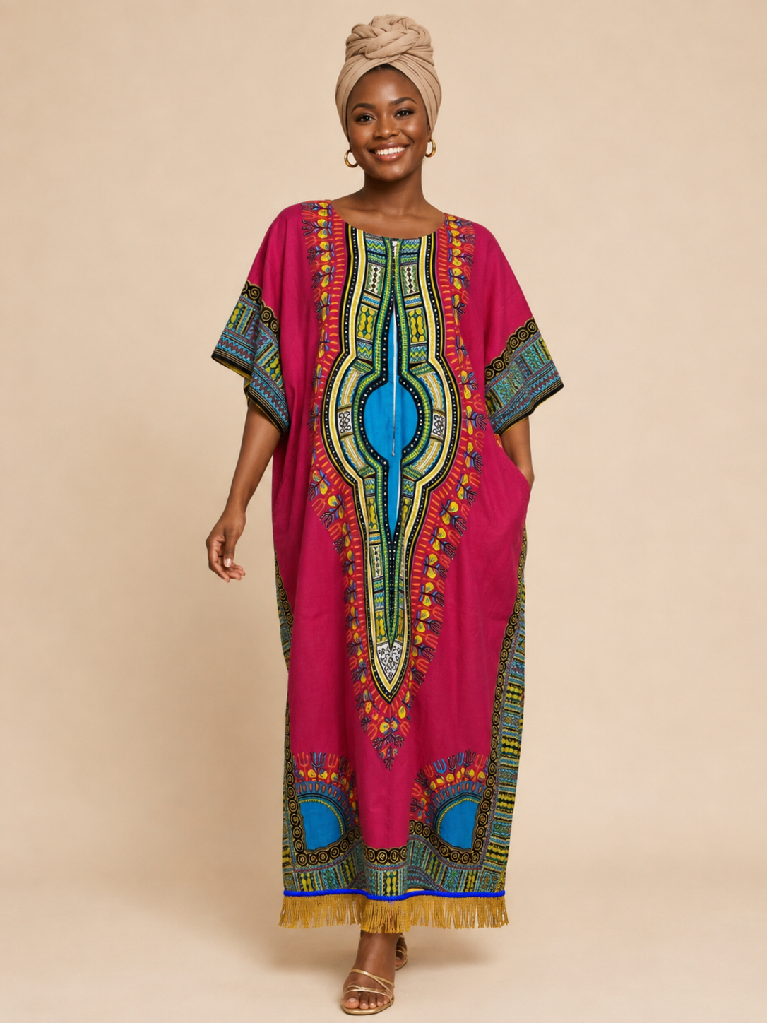 African Print Dashiki Kaftan Dress with Fringes (7 Colours)