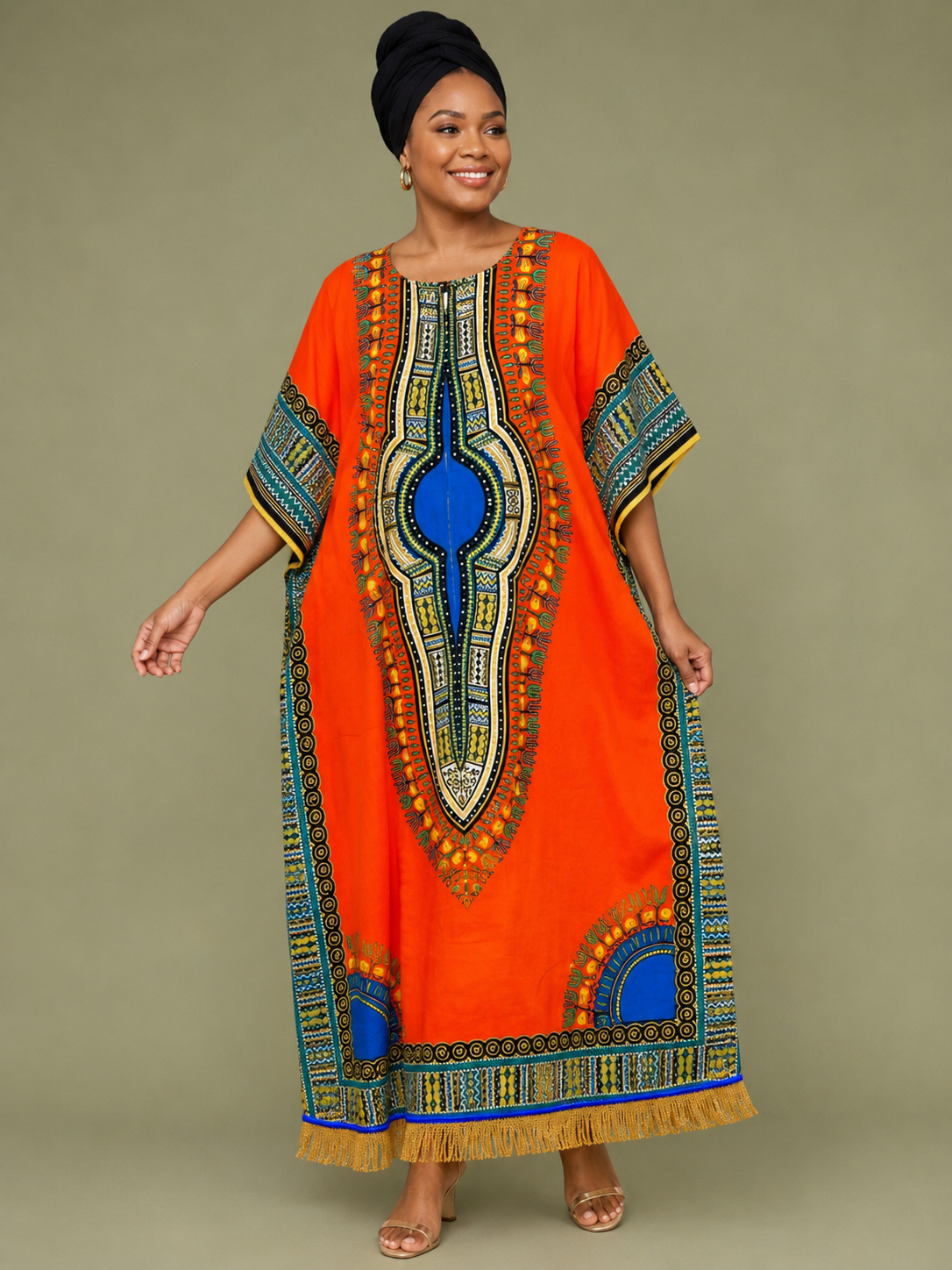 African Print Dashiki Kaftan Dress with Fringes (7 Colours)