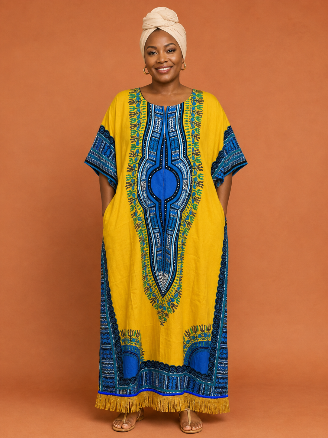 African Print Dashiki Kaftan Dress with Fringes (7 Colours)