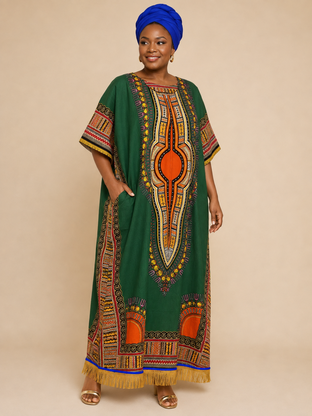 African Print Dashiki Kaftan Dress with Fringes (7 Colours)