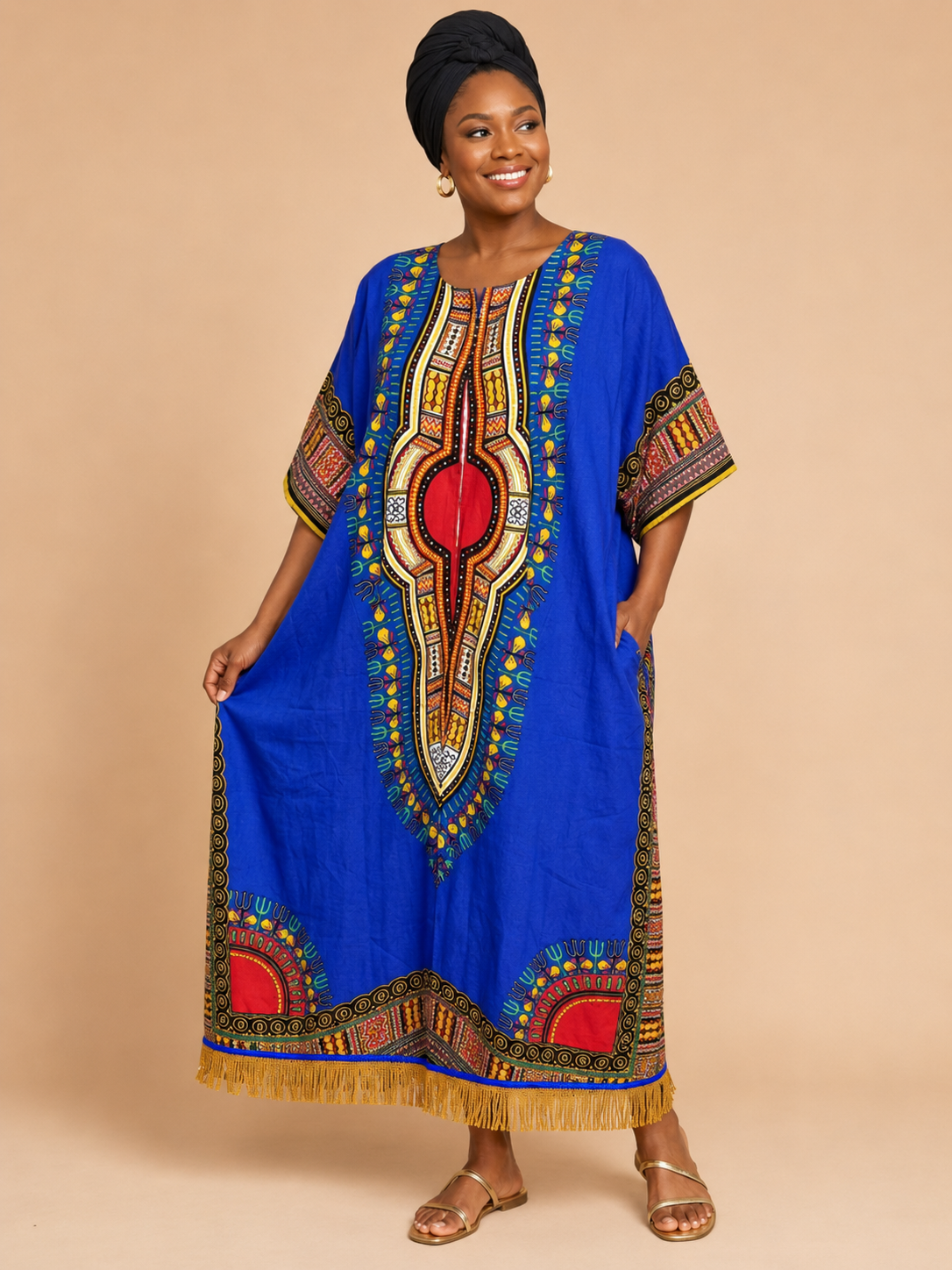 African Print Dashiki Kaftan Dress with Fringes (7 Colours)