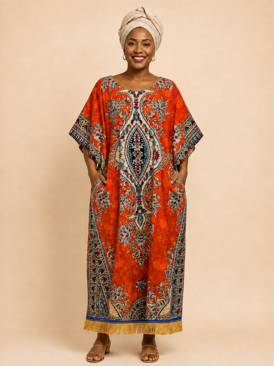 100% Cotton Dashiki Print Kaftan Dress with Fringes (6 Colours)