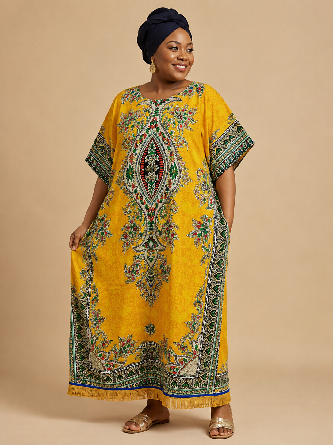 100% Cotton Dashiki Print Kaftan Dress with Fringes (6 Colours)