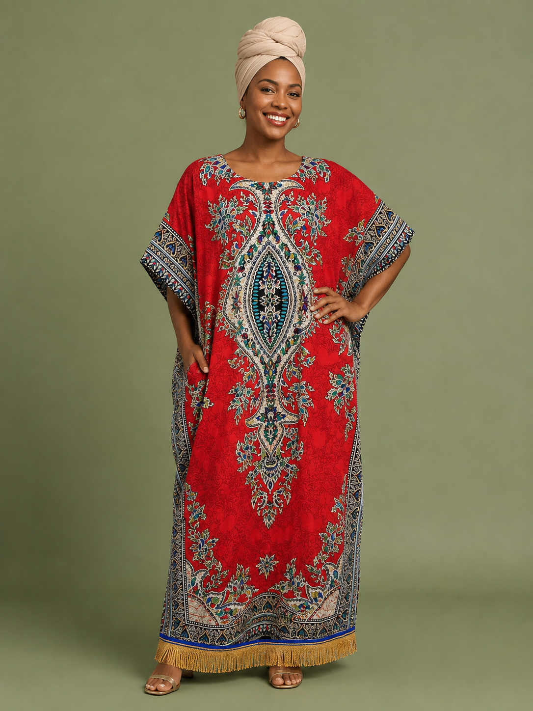 100% Cotton Dashiki Print Kaftan Dress with Fringes (6 Colours)