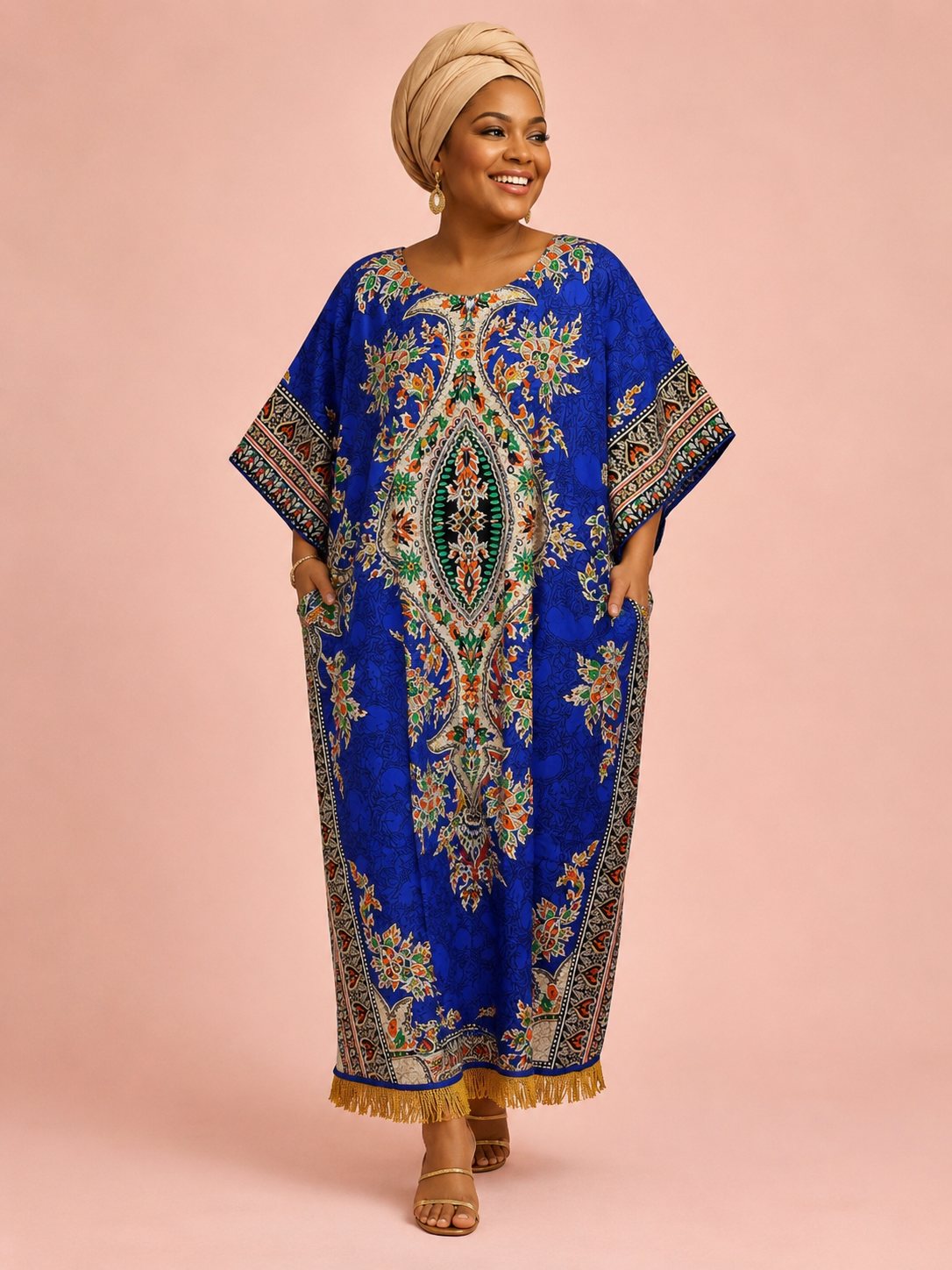 100% Cotton Dashiki Print Kaftan Dress with Fringes (6 Colours)