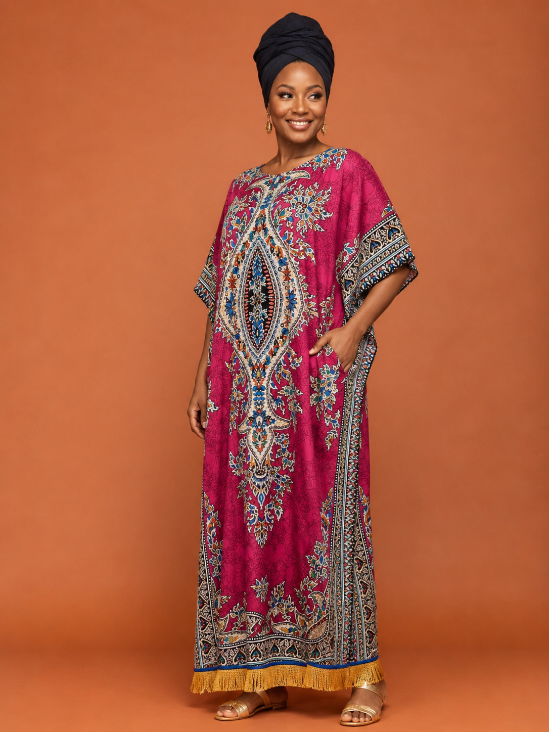100% Cotton Dashiki Print Kaftan Dress with Fringes (6 Colours)