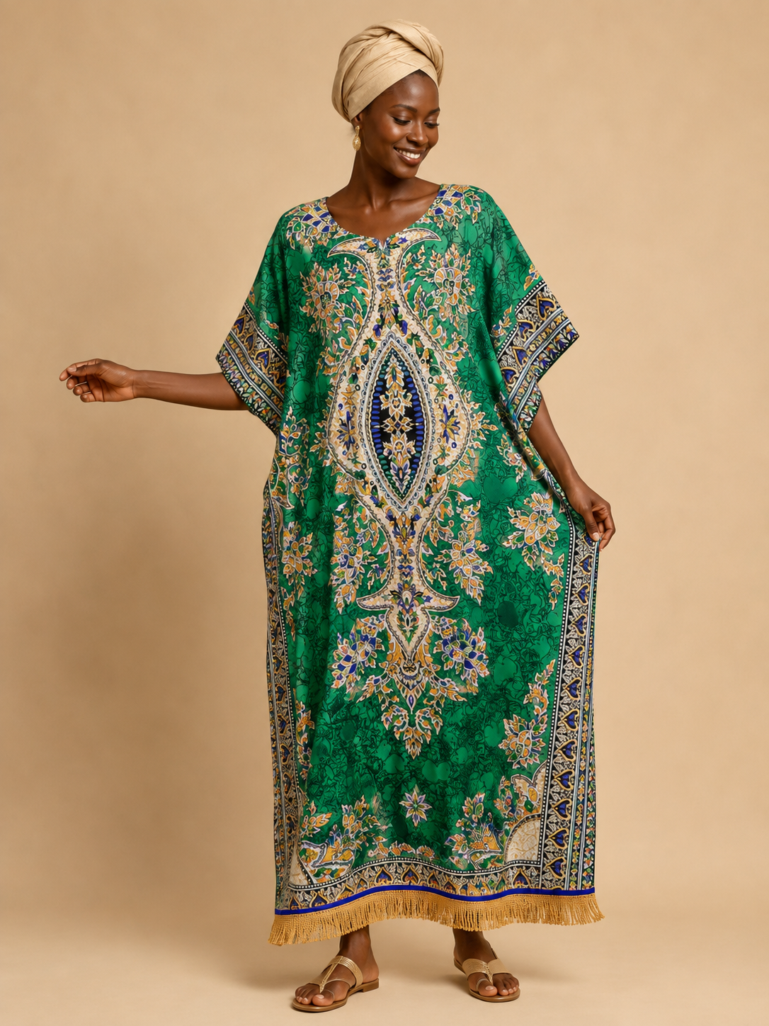 100% Cotton Dashiki Print Kaftan Dress with Fringes (6 Colours)