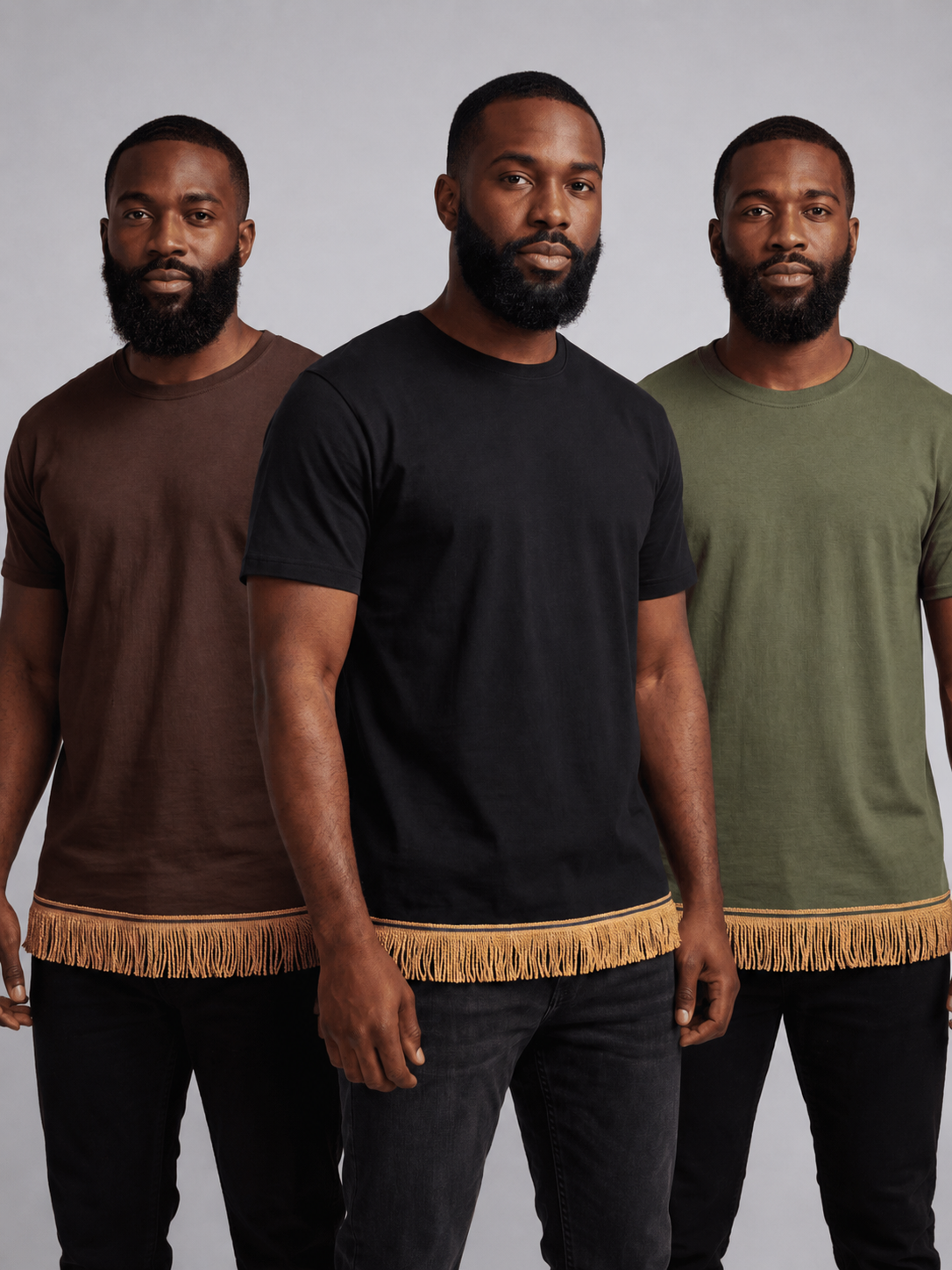 Men's T-Shirts Fringed Bundle (3 Pack) Black/Brown/Military Green