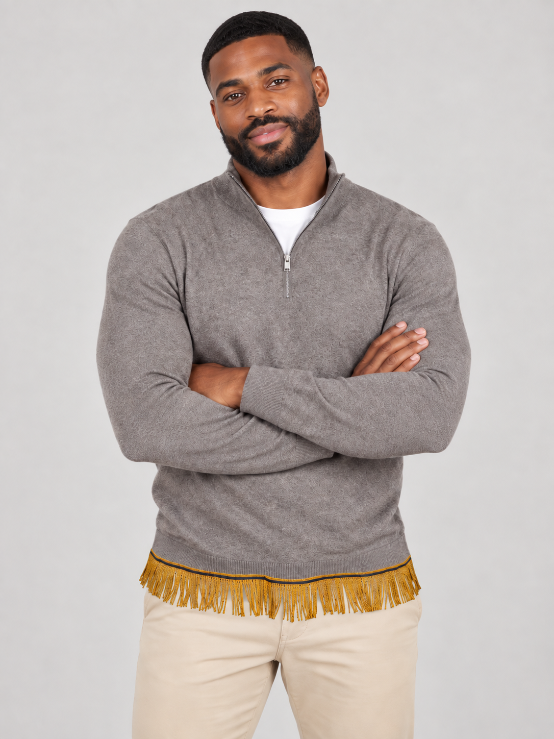 Men's 1/4 Zip Knit Sweater with Fringes