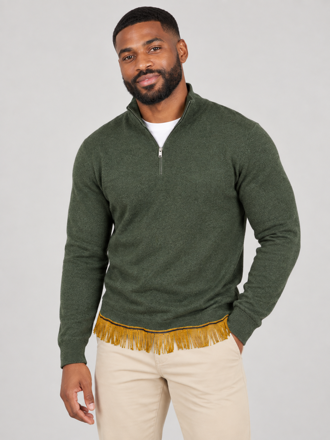 Men's 1/4 Zip Knit Sweater with Fringes