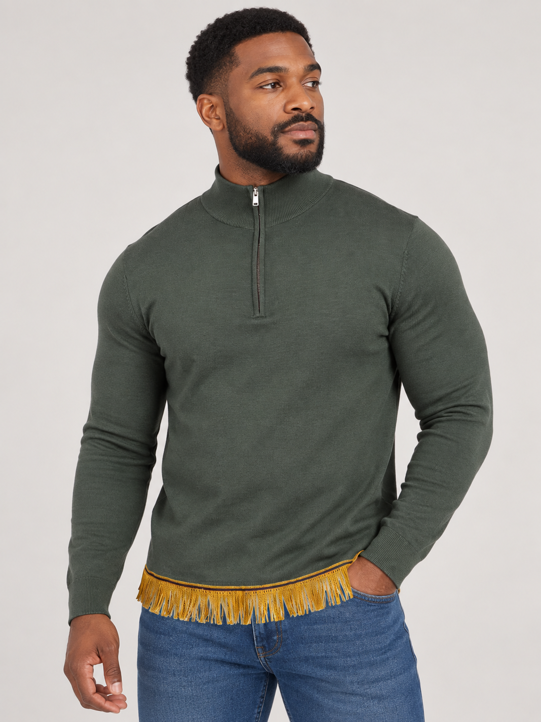 Men's Pure Wool Zip Neck Sweater with Fringes