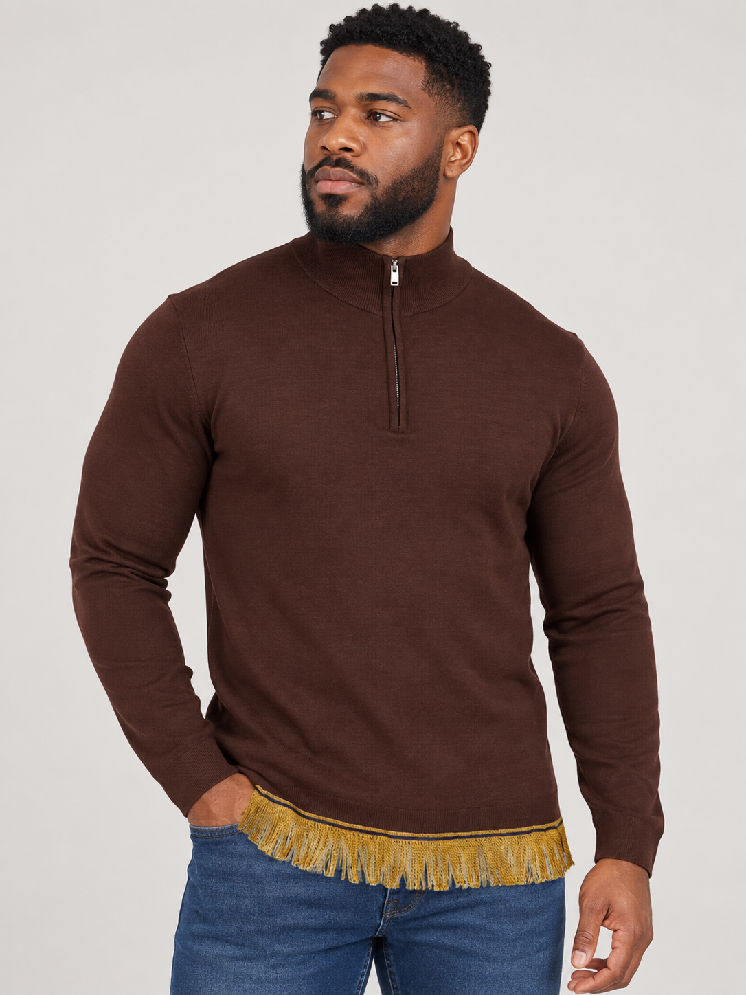 Men's Pure Wool Zip Neck Sweater with Fringes