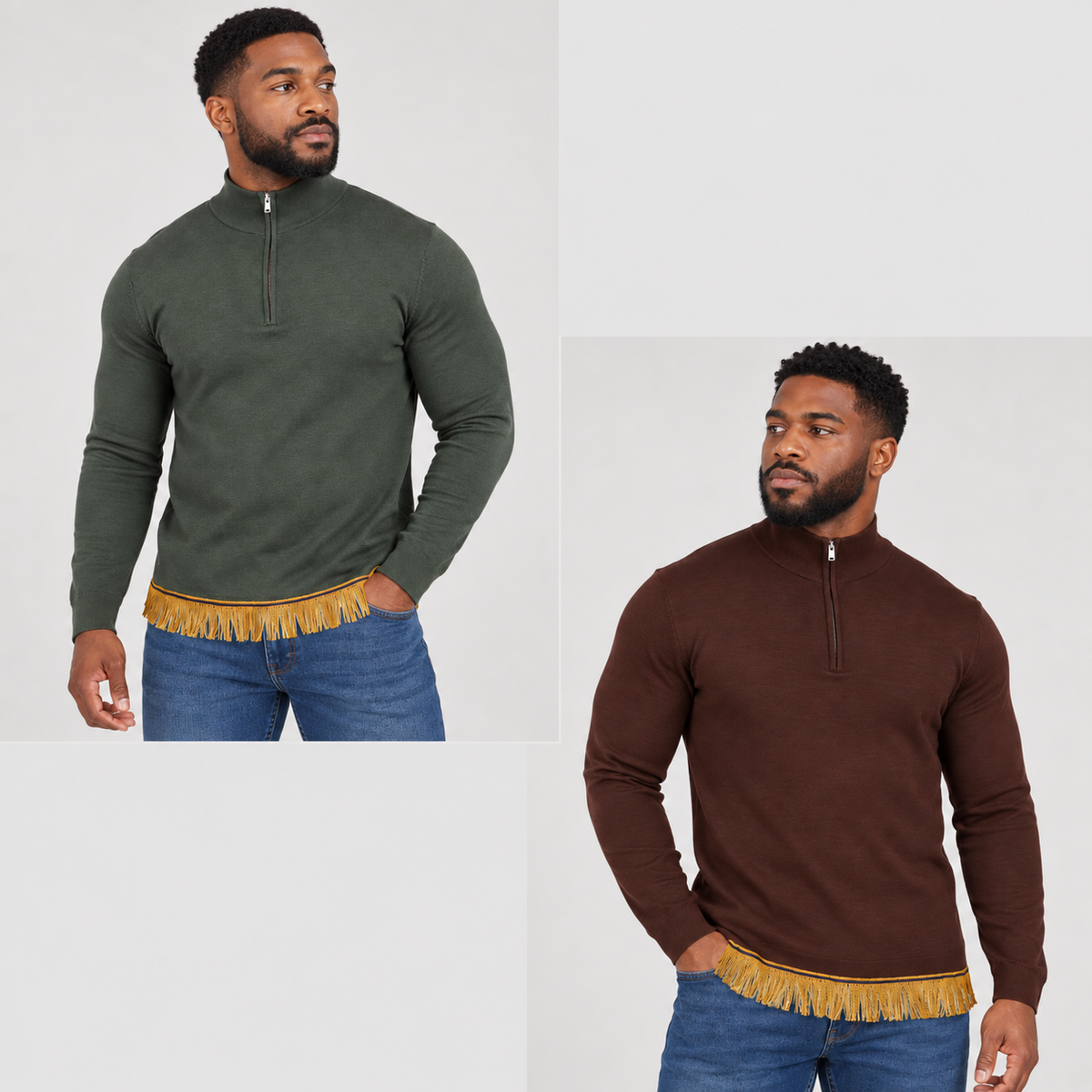 Men's Pure Wool Zip Neck Sweater with Fringes