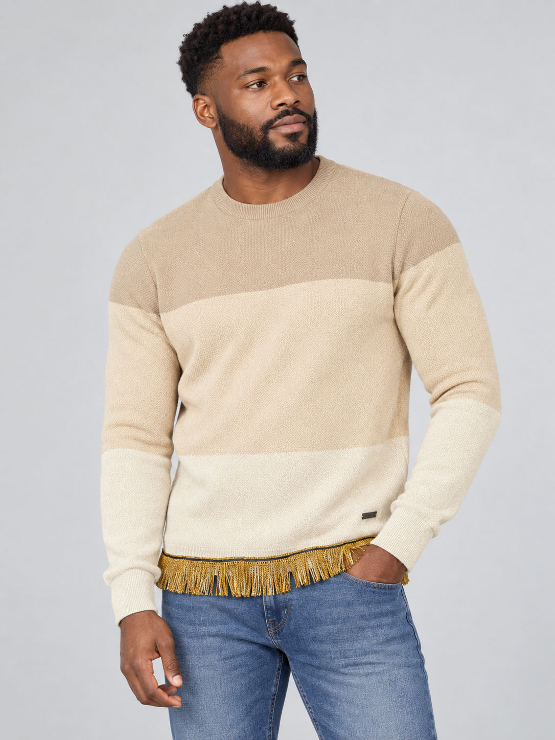 Men's Gradient Crew Neck Sweater with Fringes