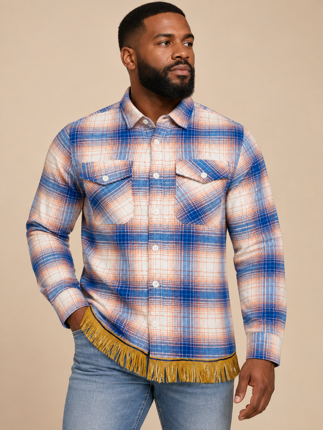 Men's Brushed Cotton Overshirt with Fringes