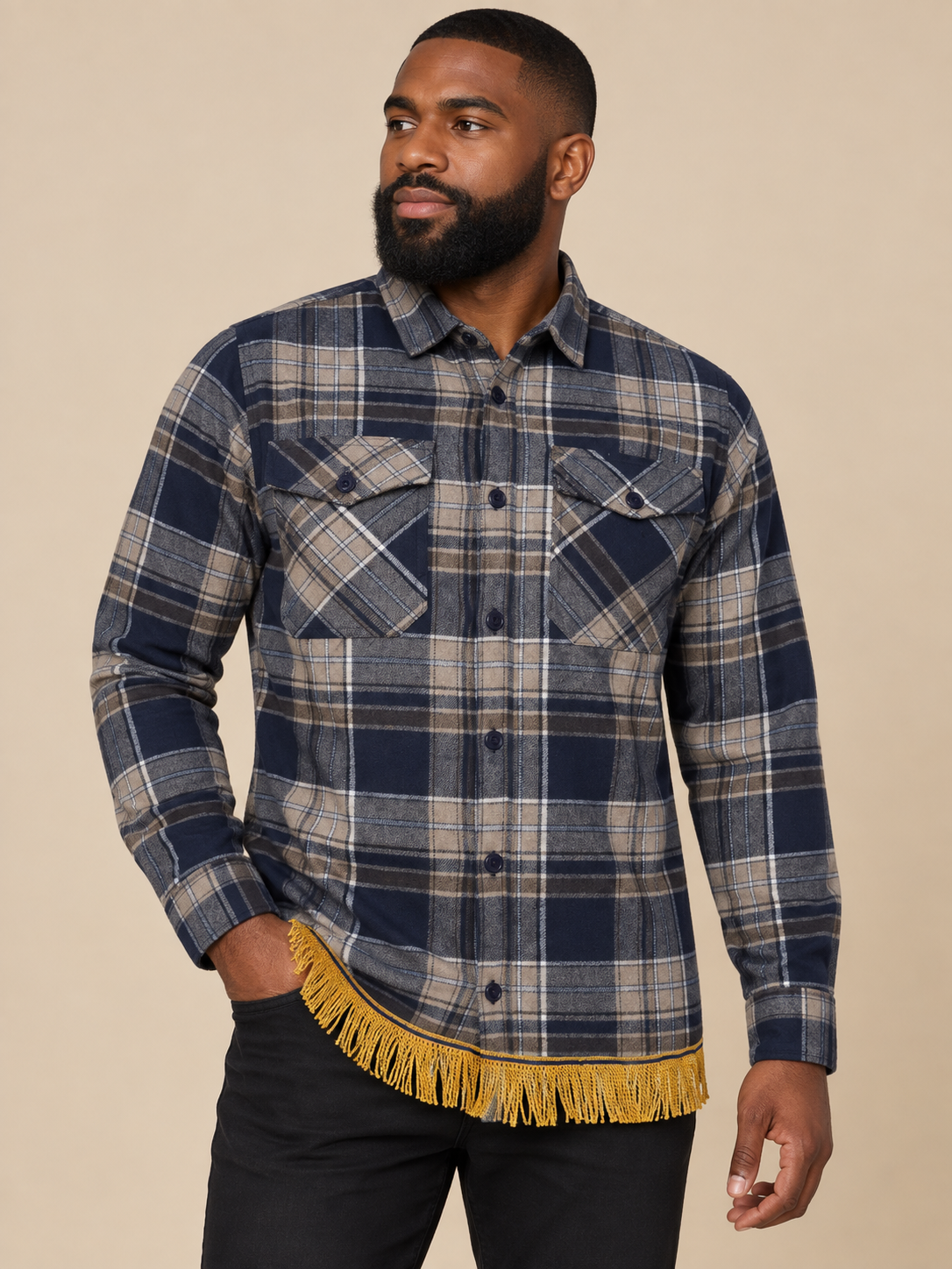 Men's Brushed Cotton Overshirt with Fringes