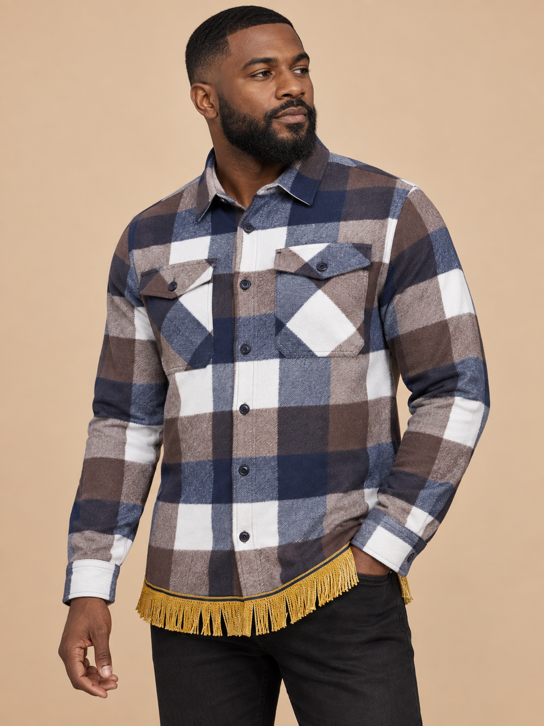 Men's Brushed Cotton Overshirt with Fringes