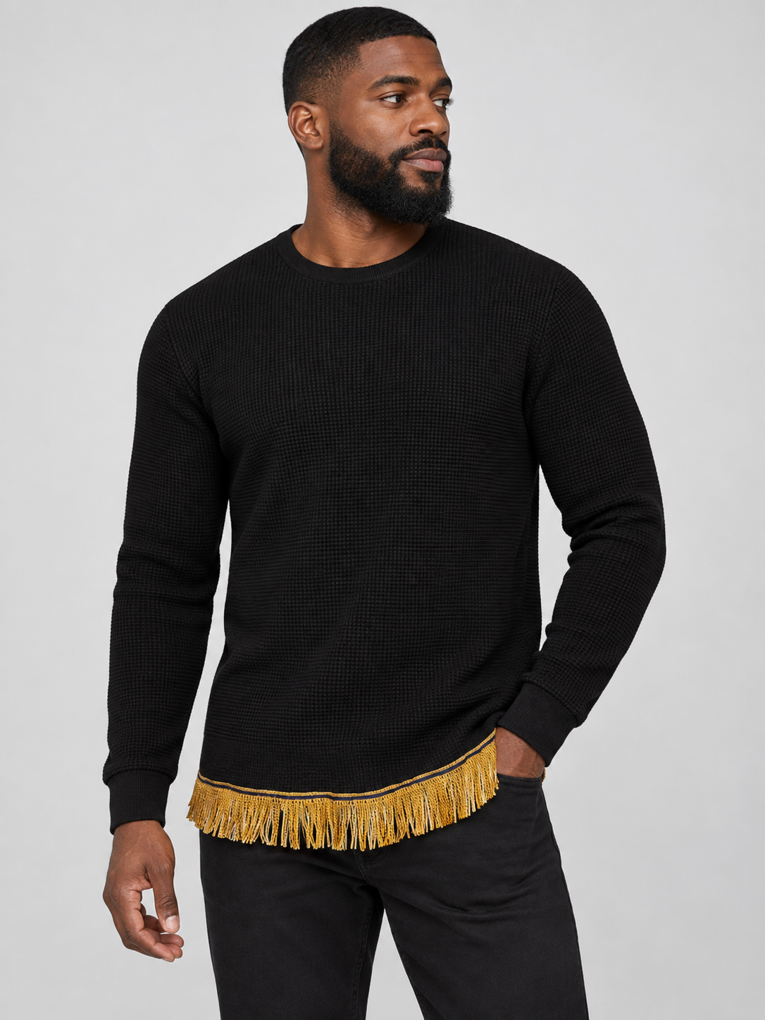 Men's Crew Neck Knit Sweater with Fringes