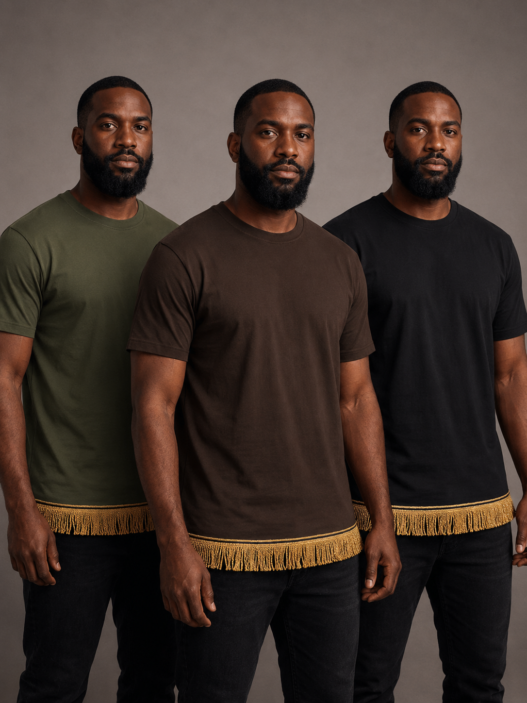 Men's T-Shirts Fringed Bundle (3 Pack) Black/Brown/Military Green