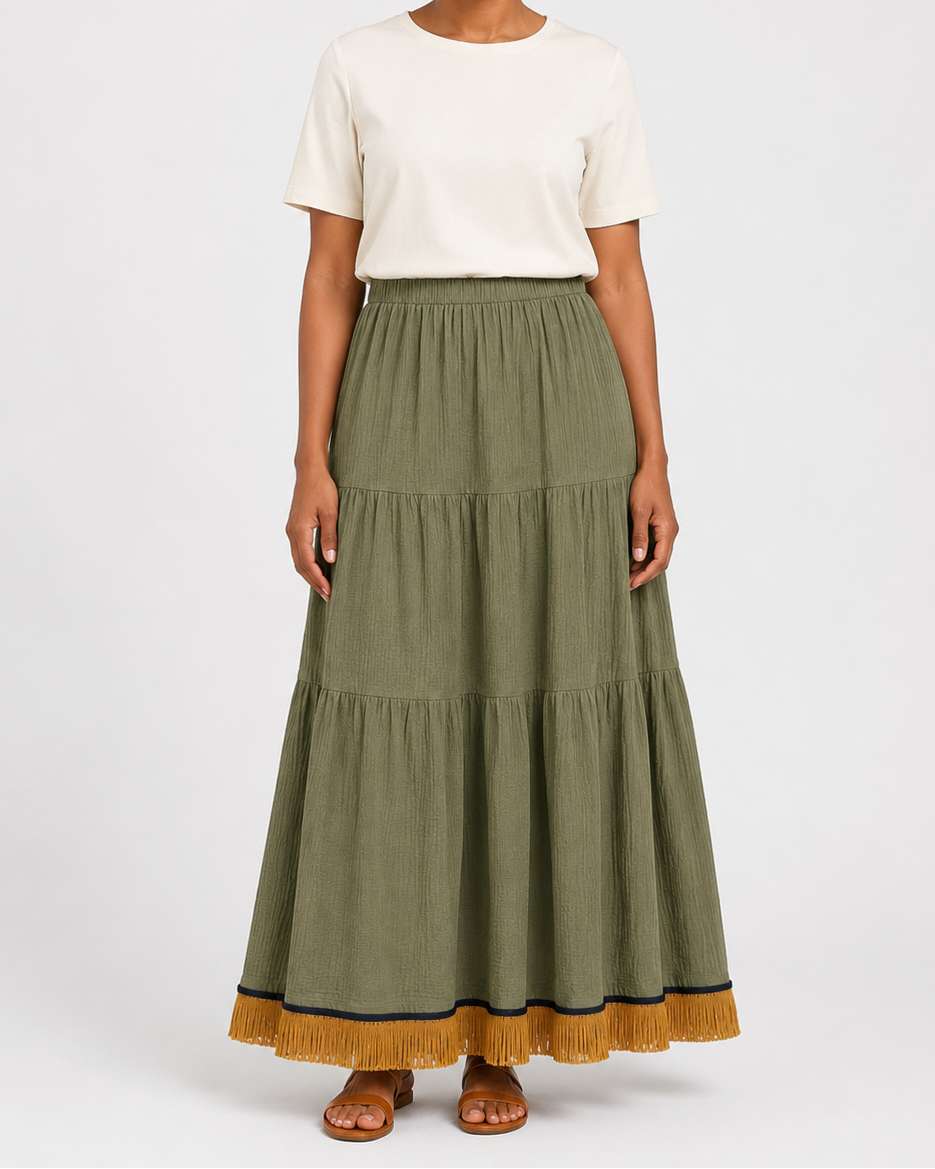 Everyday Tiered Maxi Skirt with Fringes (3 Colours)