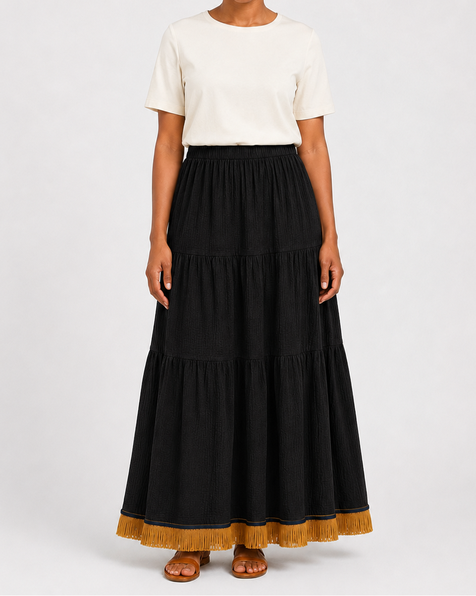 Everyday Tiered Maxi Skirt with Fringes (3 Colours)