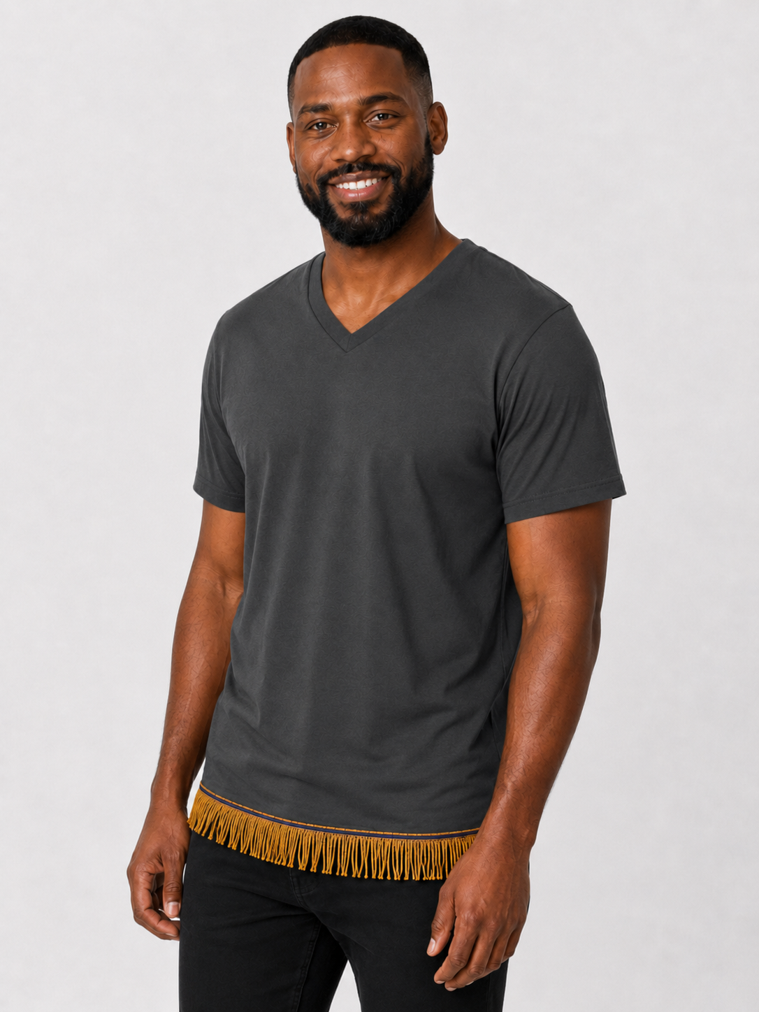 Men's Short Sleeved Fringed V-Neck T-Shirt