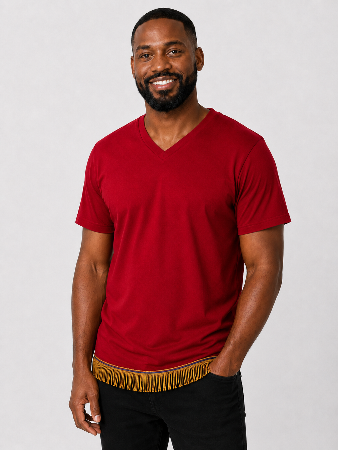 Men's Short Sleeved Fringed V-Neck T-Shirt