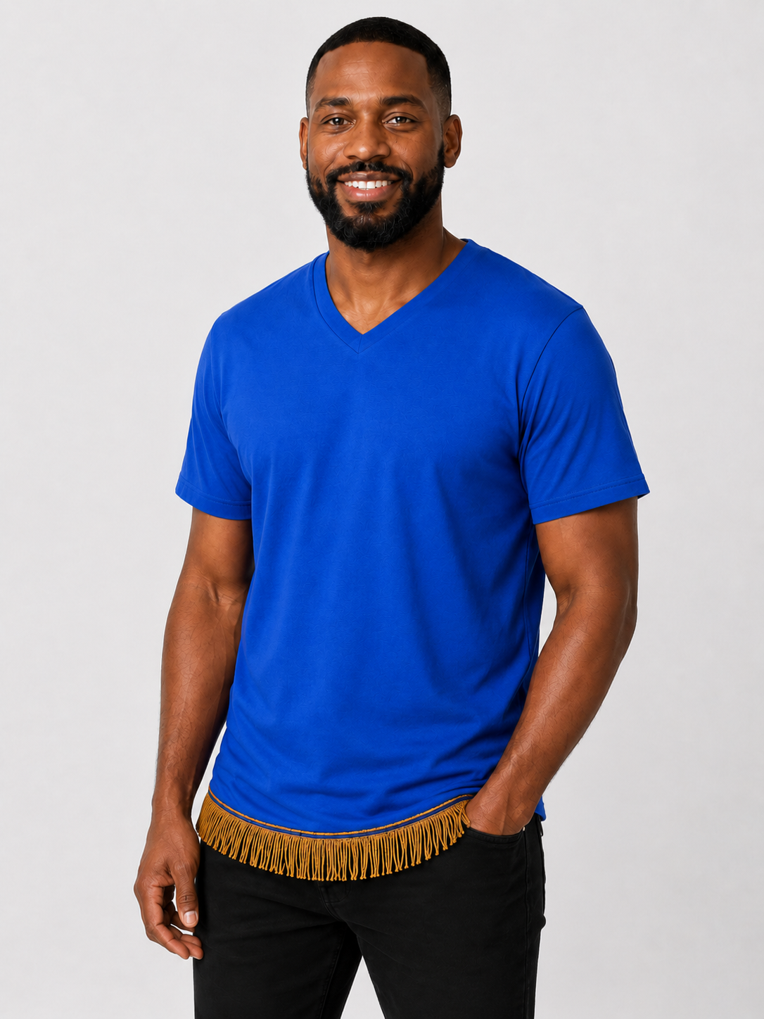 Men's Short Sleeved Fringed V-Neck T-Shirt