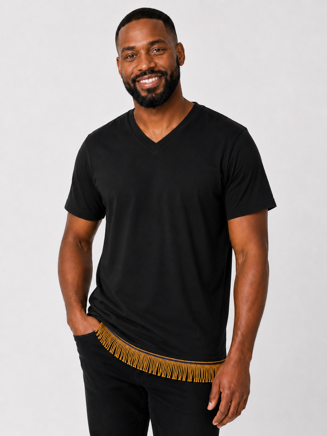 Men's Short Sleeved Fringed V-Neck T-Shirt
