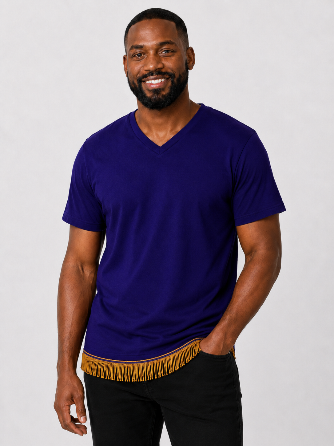 Men's Short Sleeved Fringed V-Neck T-Shirt