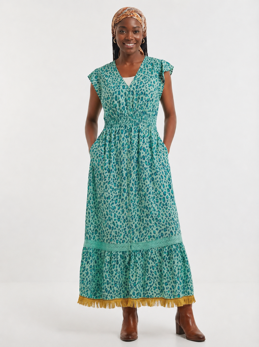 Leopard Print Lace Maxi Dress with Fringes