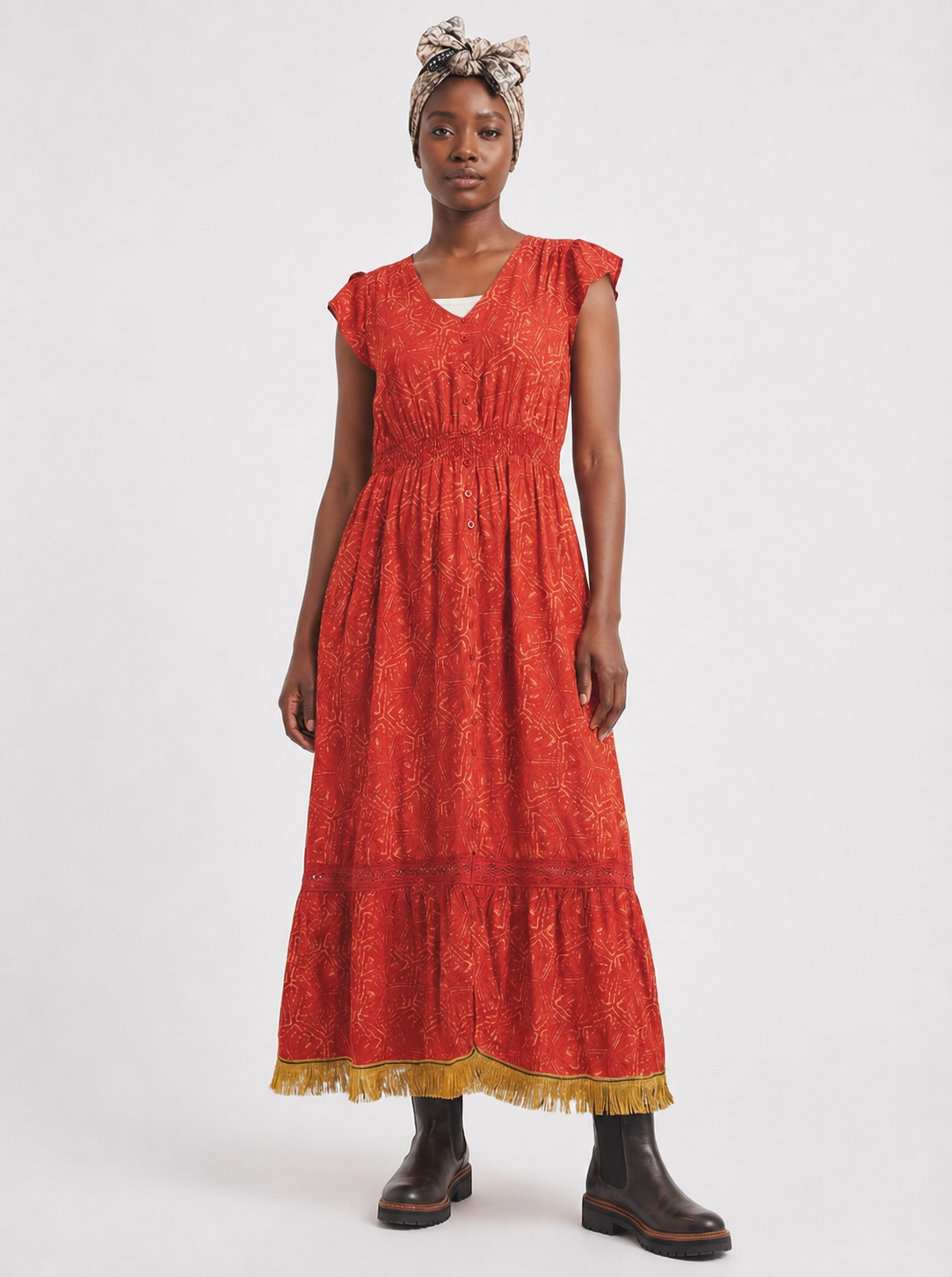 Red Printed Lace Maxi Dress with Fringes