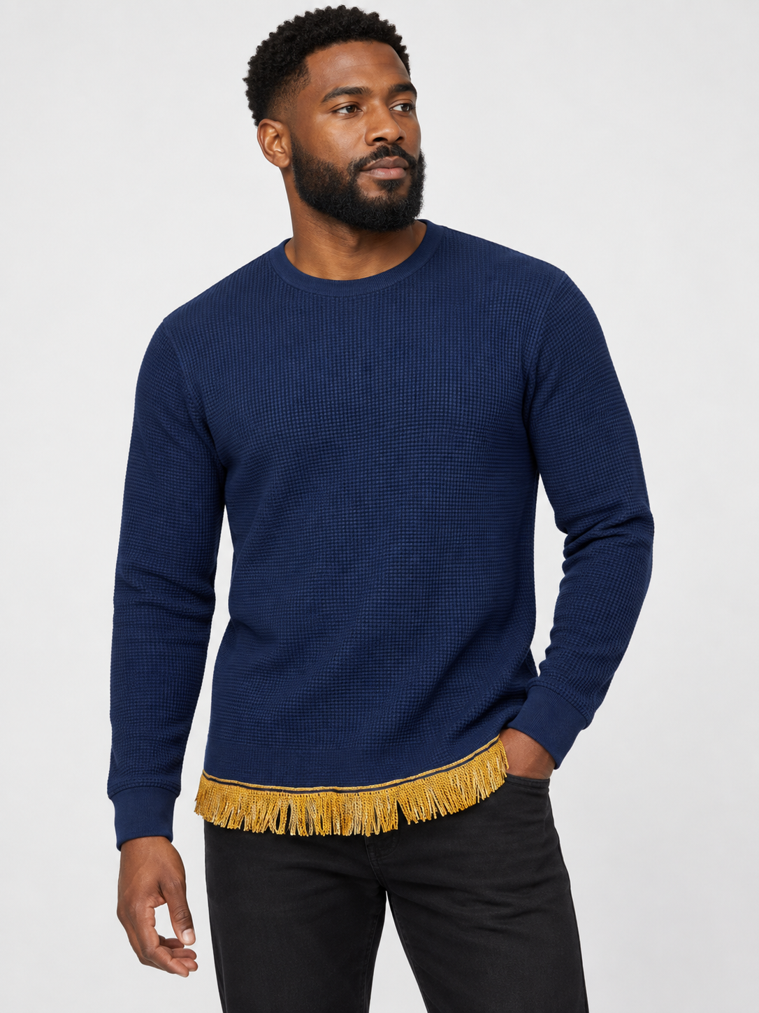 Men's Crew Neck Knit Sweater with Fringes