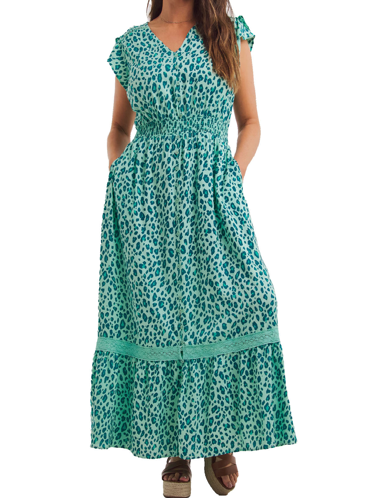 Leopard Print Lace Maxi Dress with Fringes