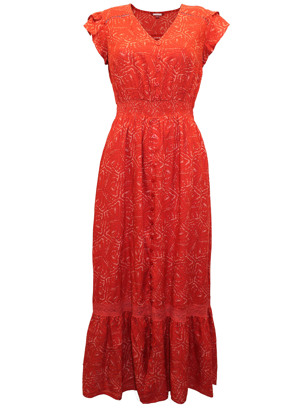 Red Printed Lace Maxi Dress with Fringes