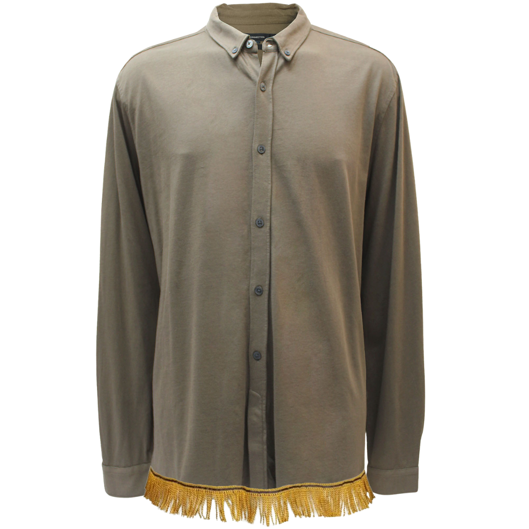 Men's Khaki Slim Fit Pure Cotton Button Down Shirt with Fringes